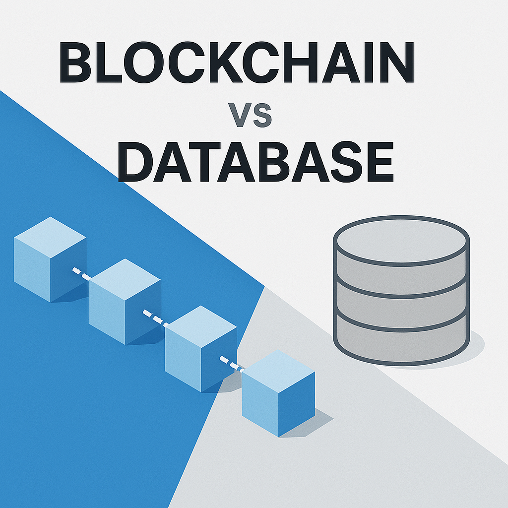 Blockchain vs traditional databases comparison illustration showing linked blocks and data tables
